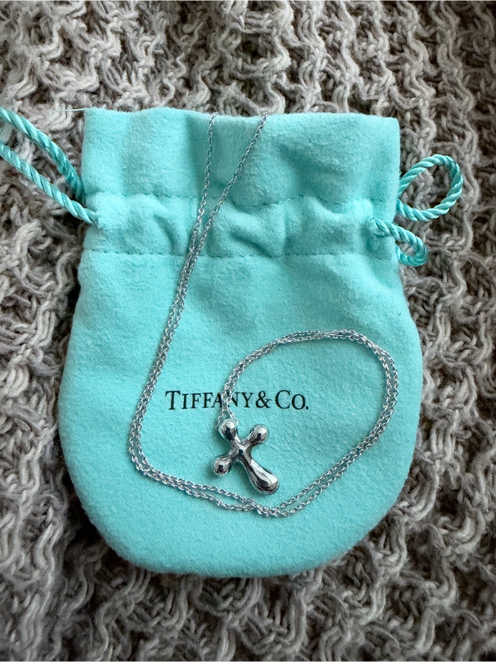 Tiffany & Co. Silver Cross Pendant Necklace with Tiffany Blue Pouch